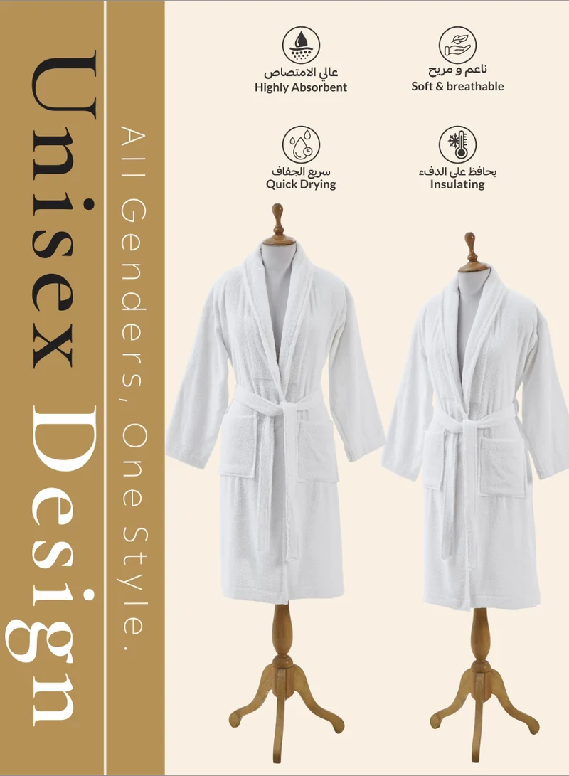 Donetella white Unisex 100% Cotton Terry Bathrobe Small & Medium Size, 400 GSM, Luxurious & Absorbent, Ankle-Length with Shawl Collar & Pockets  | Best Price UAE