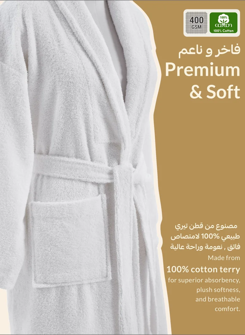 Donetella white Unisex 100% Cotton Terry Bathrobe Small & Medium Size, 400 GSM, Luxurious & Absorbent, Ankle-Length with Shawl Collar & Pockets  | Best Price UAE
