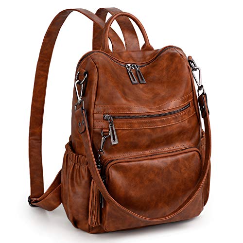 UTO Women Backpack Purse Oil Wax PU Leather Ladies Fashion Designer Rucksack Convertible Travel Shoulder Bag with Tassel Brown - Image 1