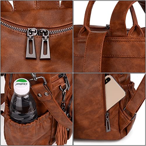 UTO Women Backpack Purse Oil Wax PU Leather Ladies Fashion Designer Rucksack Convertible Travel Shoulder Bag with Tassel Brown - Image 5
