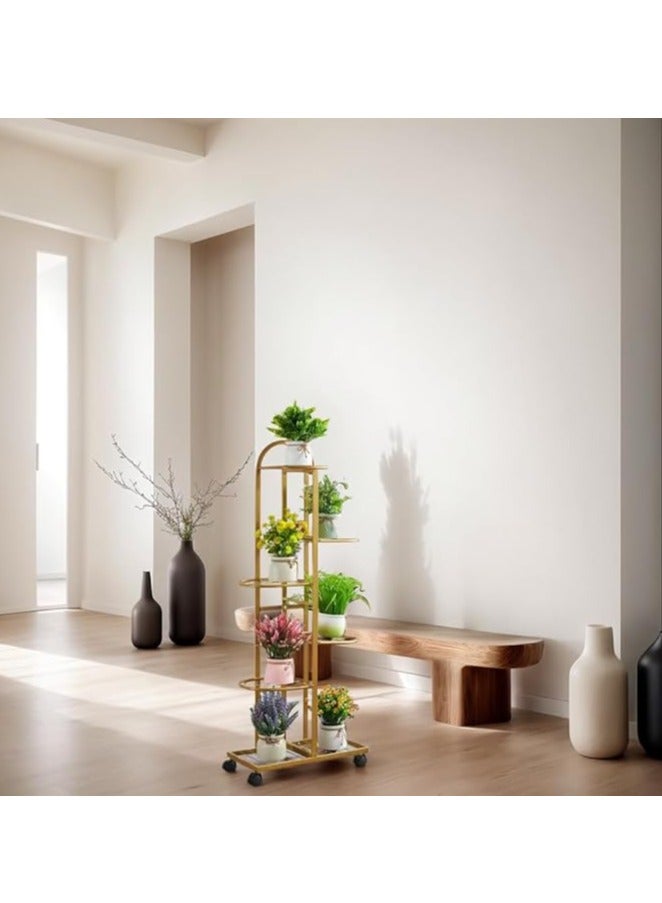 UREVO 6-Tier Metal Plant Stand with Movable wheels – Tall 118cm Flower Shelf, Indoor/Outdoor Plant Organizer & Display Rack for Garden, Patio, or Living Room, Golden,47*118cm - Image 4