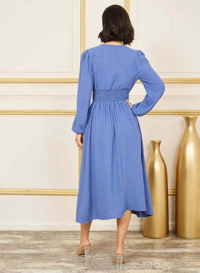 ستايلي Styli Dobby Pleated Smocked Waist A-Line Midi Dress
