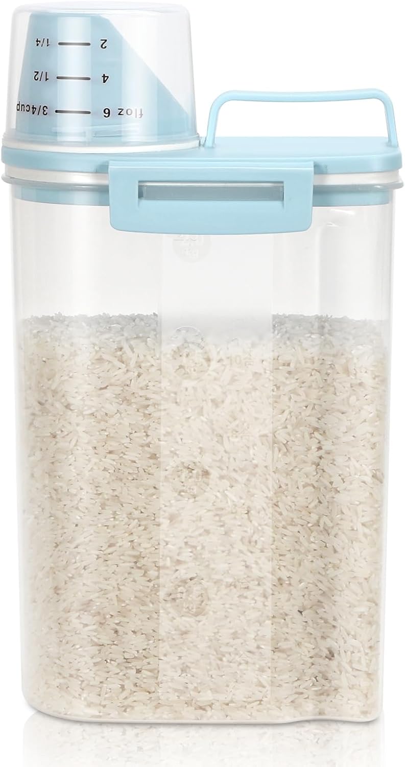 TBMax Rice Storage container 4 Lbs, Small Rice Dispenser with Measuring Cup, Blue Cereal Containers Flour Bin, Kitchen Food Storage Container and Pantry Organizers, Pet Dog Cat Food Dispenser - Image 1