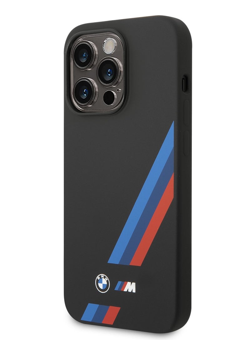 بي إم دبليو حافظة M Collection من السيليكون السائل مع خطوط مائلة ثلاثية الألوان من البولي يوريثان متوافقة مع هاتف ايفون 14 برو ماكس- أسود - Image 4