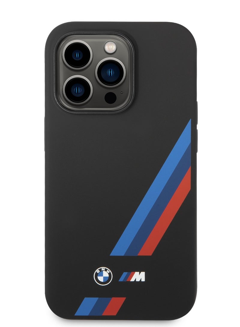 بي إم دبليو حافظة M Collection من السيليكون السائل مع خطوط مائلة ثلاثية الألوان من البولي يوريثان متوافقة مع هاتف ايفون 14 برو ماكس- أسود - Image 2