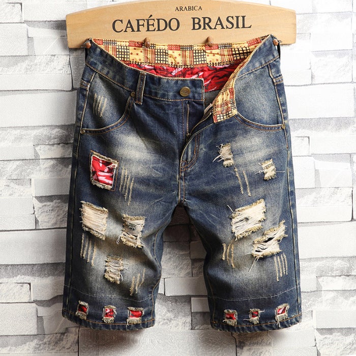 Generic 2025 Summer Denim Shorts Mens Trendy Brand Beggars Rapped Pants Five-point Pants Loose Breeches Mens Pants vintage blue