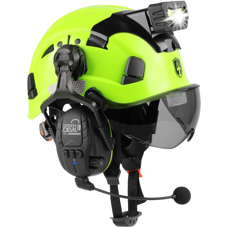 GREEN DEVIL Hard Hat Safety Helmet with Visor Bluetooth Ear Muffs and Headlamp 5 in 1 Full Protection Vented Work Hardhat ANSI Z891 Cascos De Construccion for Industrial Construction Forestry