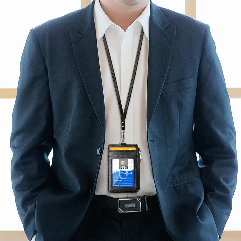 اي ال في حامل شارة ELV بسحاب، محفظة بطاقة هوية من جلد PU مع 5 فتحات للبطاقات، جيب مانع لتقنية RFID وحزام رقبة قابل للفصل بطول 20 بوصة للمكاتب والمدرسة ورخصة القيادة (أسود) - Image 3