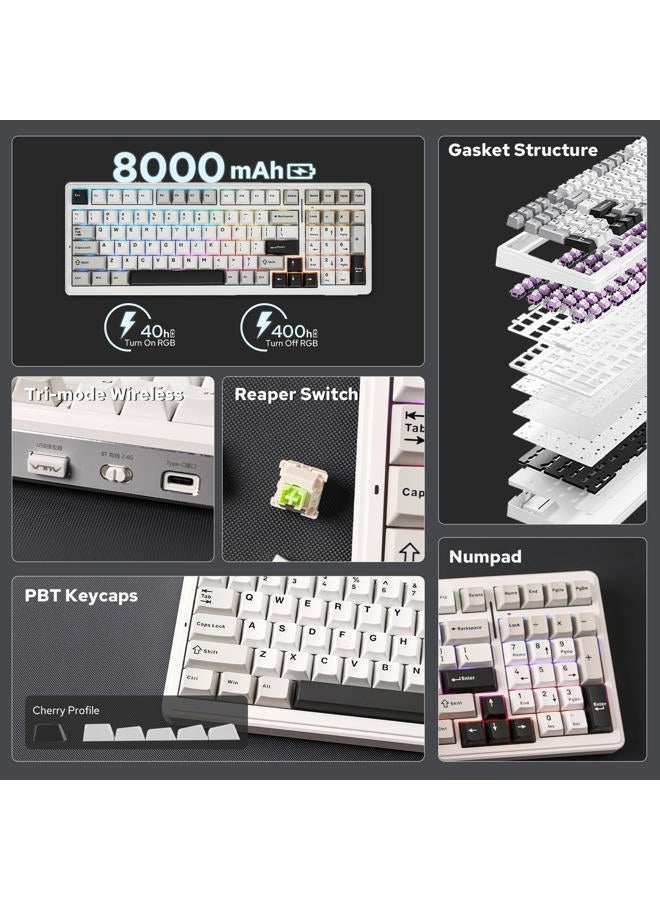 EPOMAKER x AULA F99 Wireless Mechanical Keyboard, Hot Swappable Gasket Custom Gaming Keyboard with Five-Layer Padding, Bluetooth/2.4GHz/USB-C, 8000mAh Battery (White Grey, Reaper Switch) - Image 2