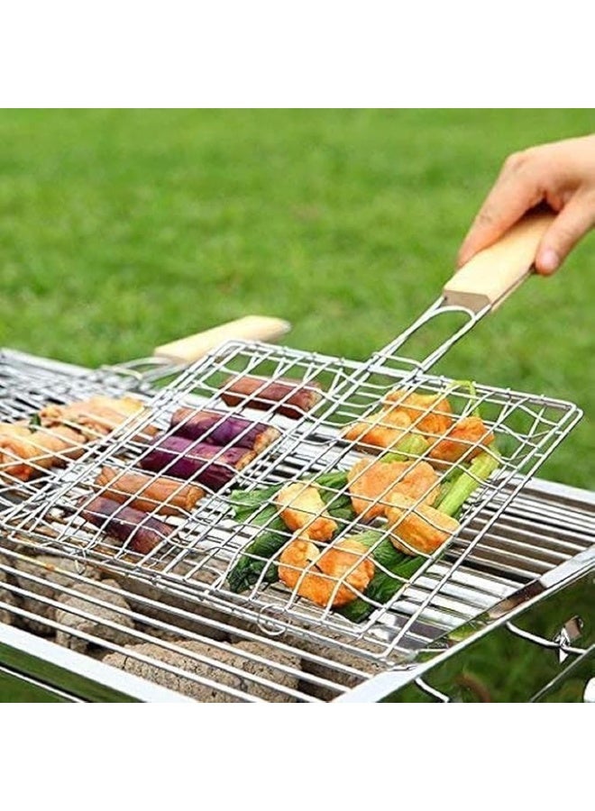 شبكة شواء من الستانلس ستيل بمقبض خشبي – سلة شواء مربعة لشوي السمك والخضروات والروبيان والمأكولات البحرية – مقاس صغير 20×20 سم (قطعة واحدة) - Image 2