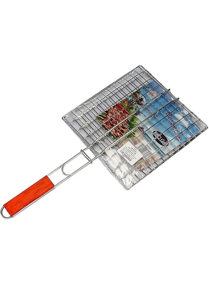 شبكة شواء من الستانلس ستيل بمقبض خشبي – سلة شواء مربعة لشوي السمك والخضروات والروبيان والمأكولات البحرية – مقاس صغير 20×20 سم (قطعة واحدة) - Image 1