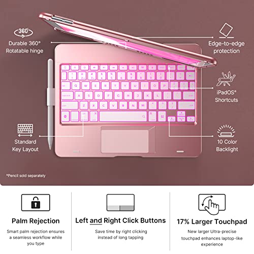 typecase Flexbook Keyboard for 10.2 Inch iPad 9th/8th/7th Gen, iPad Air 3-10.5, iPad Pro-10.5, 10 Color Backlight, 360° Protective, Gesture Trackpad, Slim Cover with Apple Pencil Holder(Rose Gold) - Image 3