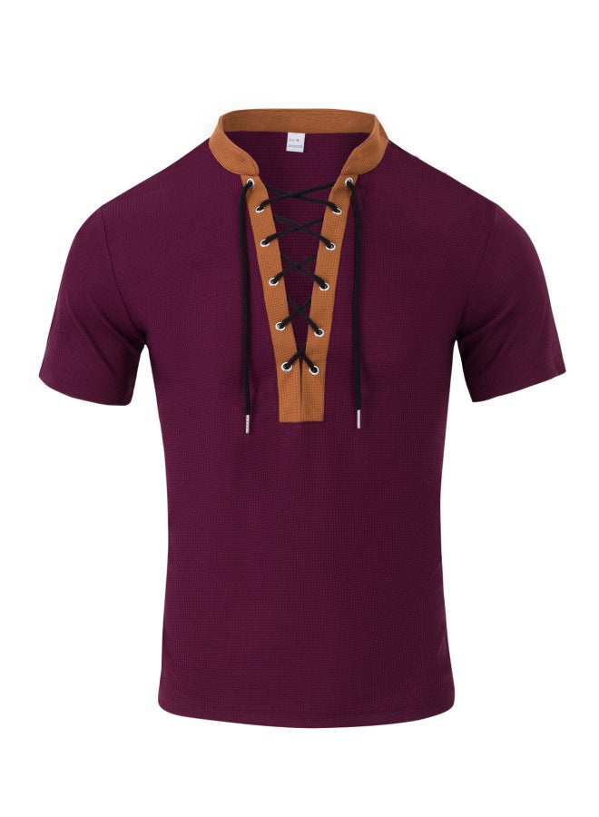 European And American Men's Summer Rope Neck Waffle Knit Color Block American Casual Big Size Short Sleeve T-shirt