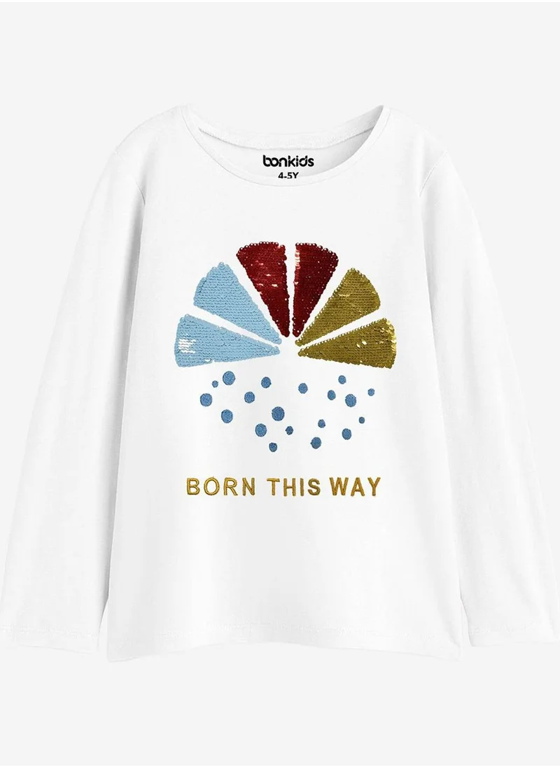 Bonkids Regular Fit Printed White Cotton T-Shirt For Girls Round Neck Flat Collar Pull On 100 % Cotton
