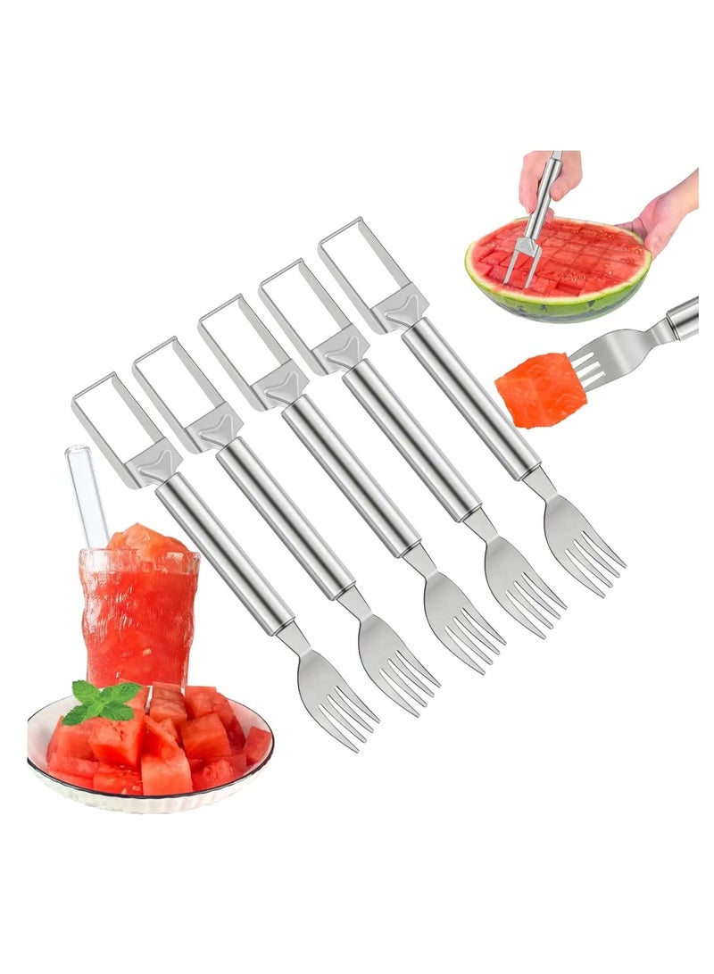 2-in-1 Watermelon Slicer & Fork – 5-Pack Stainless Steel Fruit Cutter Tool for Watermelon, Mango, Pitaya – Portable for Camping, Picnics, Home, Parties – Effortless Cubes & No Mess - Image 1