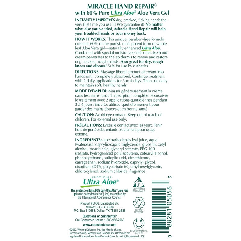 Miracle of Aloe Miracle Hand Repair Cream for Dry Cracked Hands 4 oz Best Healing Hand Cream with 60% Aloe Vera - Non-Greasy Moisturizer for Working Hands - Fast Absorbing Lotion for Extremely Dry Skin (2-Pack) - Image 2