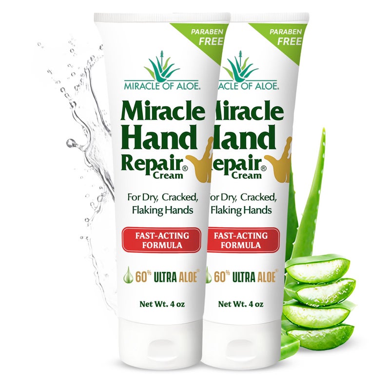 Miracle of Aloe Miracle Hand Repair Cream for Dry Cracked Hands 4 oz Best Healing Hand Cream with 60% Aloe Vera - Non-Greasy Moisturizer for Working Hands - Fast Absorbing Lotion for Extremely Dry Skin (2-Pack) - Image 1