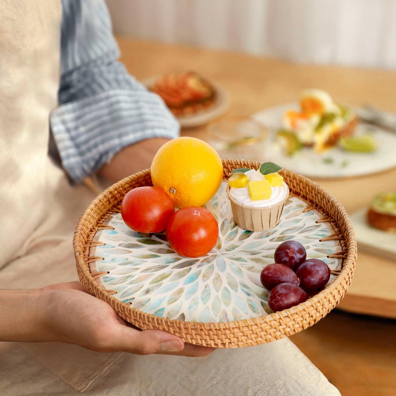 Tynulox Round Rattan Tray with Mother of Pearl Inlay, Rattan Serving Tray for Coffee, Bread, Fruits, Decorative Wicker Tray for Table Decor, Home Decor, Kitchen Island Decor (Ambilight, 11.8") - Image 4