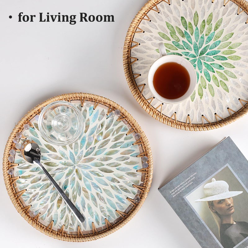 Tynulox Round Rattan Tray with Mother of Pearl Inlay, Rattan Serving Tray for Coffee, Bread, Fruits, Decorative Wicker Tray for Table Decor, Home Decor, Kitchen Island Decor (Ambilight, 11.8") - Image 5