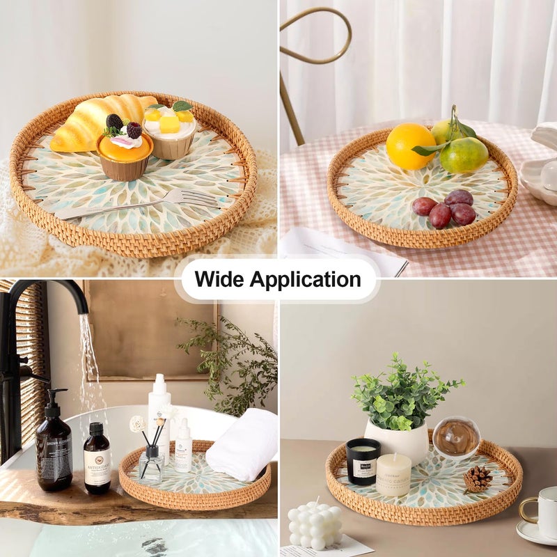Tynulox Round Rattan Tray with Mother of Pearl Inlay, Rattan Serving Tray for Coffee, Bread, Fruits, Decorative Wicker Tray for Table Decor, Home Decor, Kitchen Island Decor (Ambilight, 11.8") - Image 2