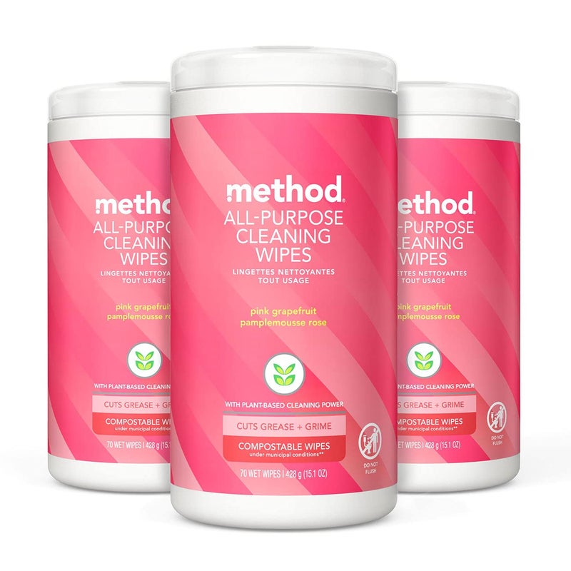 Method All-Purpose Cleaning Wipes, Pink Grapefruit, Multi-Surface, Compostable, 70 Count (Pack of 3) - Image 1