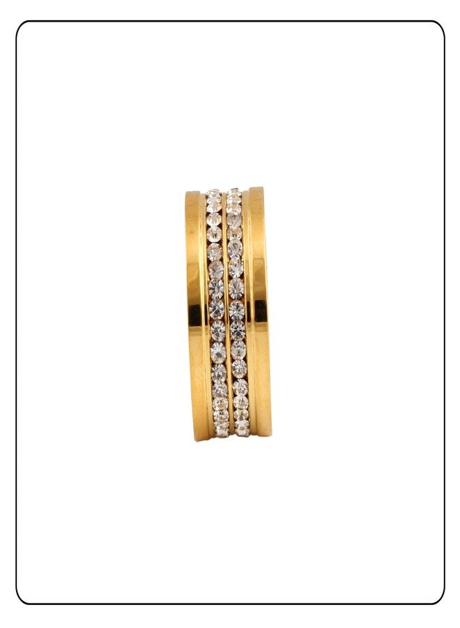 Fusamk Fashion 18K Gold Stainless Steel Band Ring Two Row Crystal Ring(Gold(7)) - Image 5