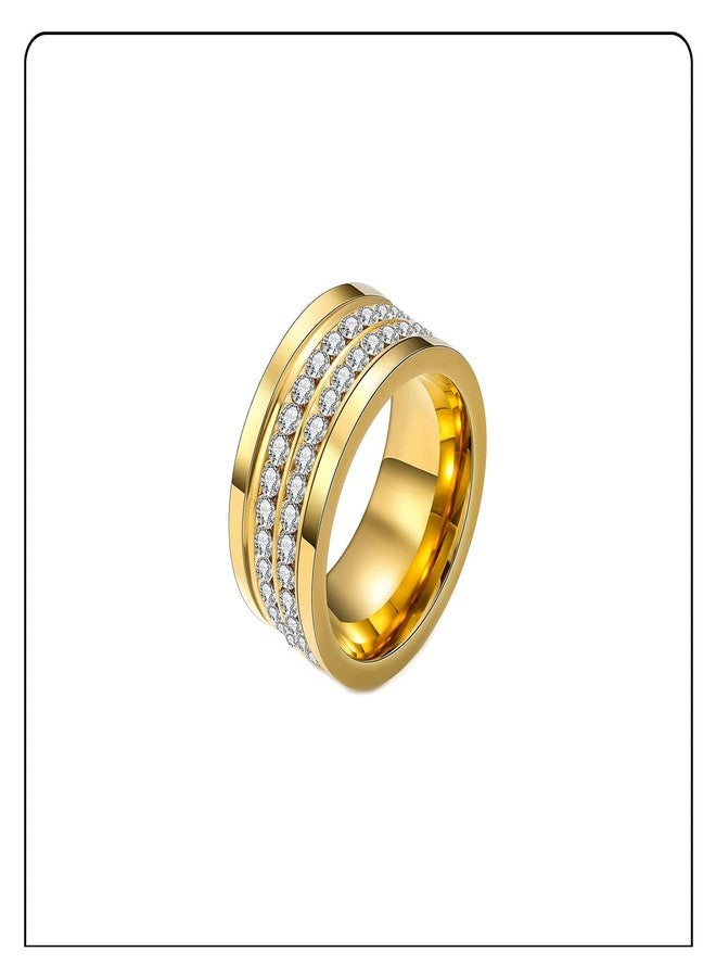 Fusamk Fashion 18K Gold Stainless Steel Band Ring Two Row Crystal Ring(Gold(7)) - Image 2