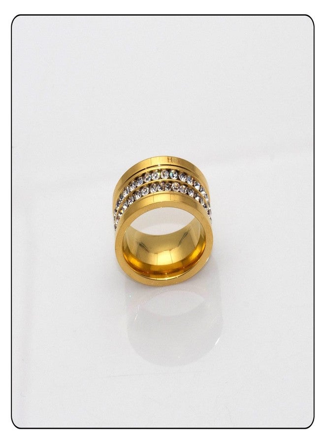 Fusamk Fashion 18K Gold Stainless Steel Band Ring Two Row Crystal Ring(Gold(7)) - Image 4
