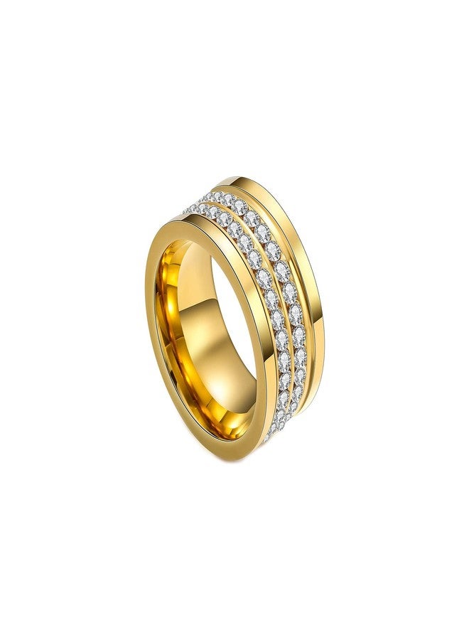 Fusamk Fashion 18K Gold Stainless Steel Band Ring Two Row Crystal Ring(Gold(7)) - Image 1