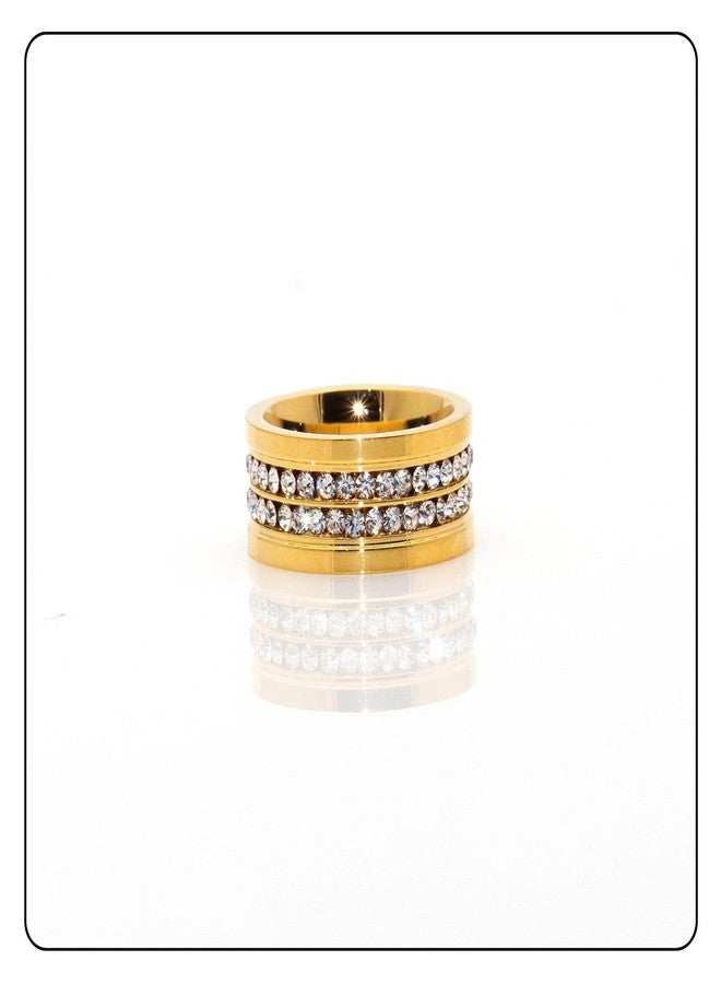 Fusamk Fashion 18K Gold Stainless Steel Band Ring Two Row Crystal Ring(Gold(7)) - Image 3