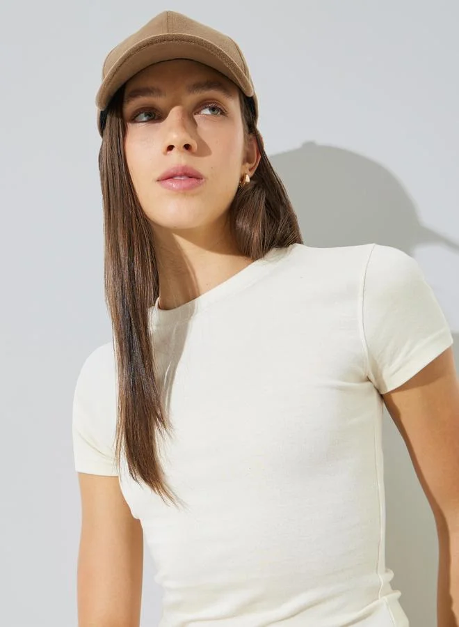 Styli Beige Ribbed Round Neck Fitted T-Shirt