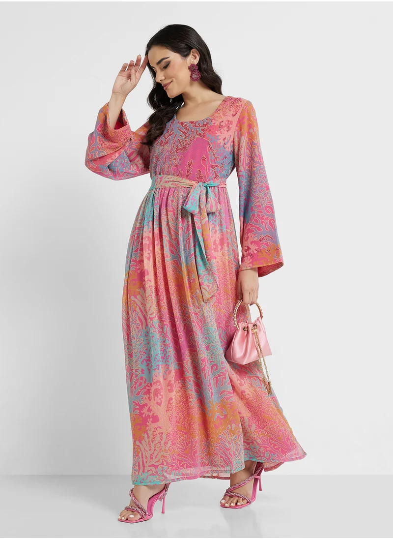 كشخة Abstract and Floral Fusion Print Dress with Beads Work (AM338)