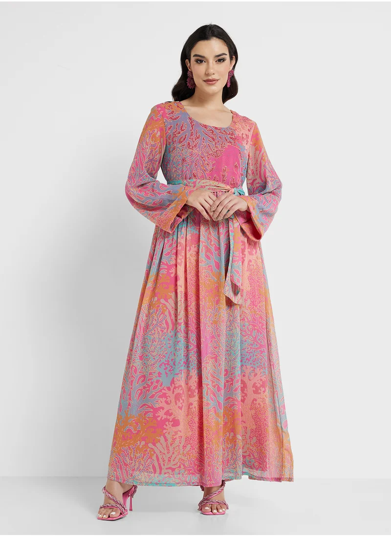 KASHKHA Abstract and Floral Fusion Print Dress with Beads Work (AM338)