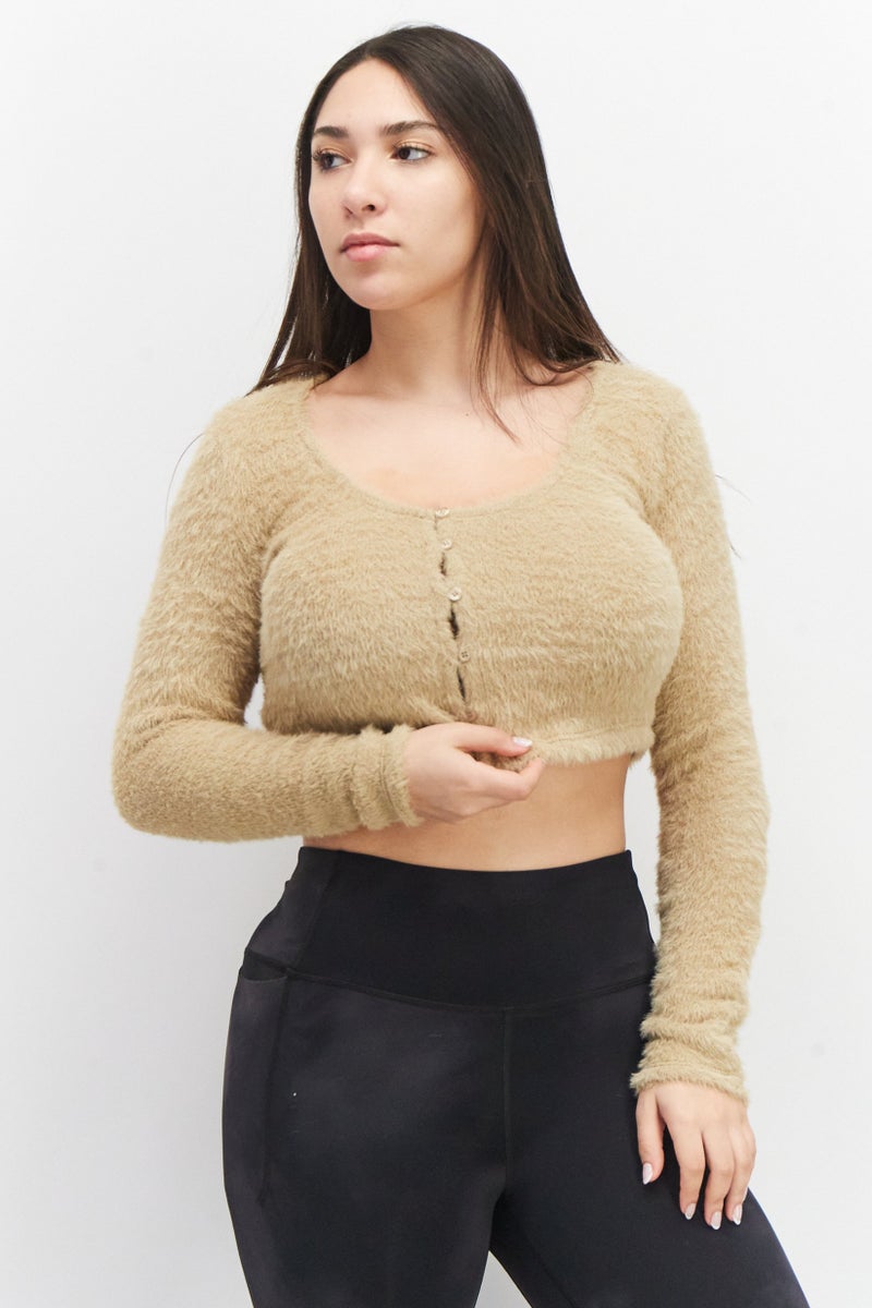 Stradivarius بلوزة نسائية بأكمام طويلة وفتحة عنق دائرية، كاكي - Image 1