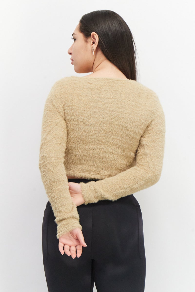 Stradivarius بلوزة نسائية بأكمام طويلة وفتحة عنق دائرية، كاكي - Image 3