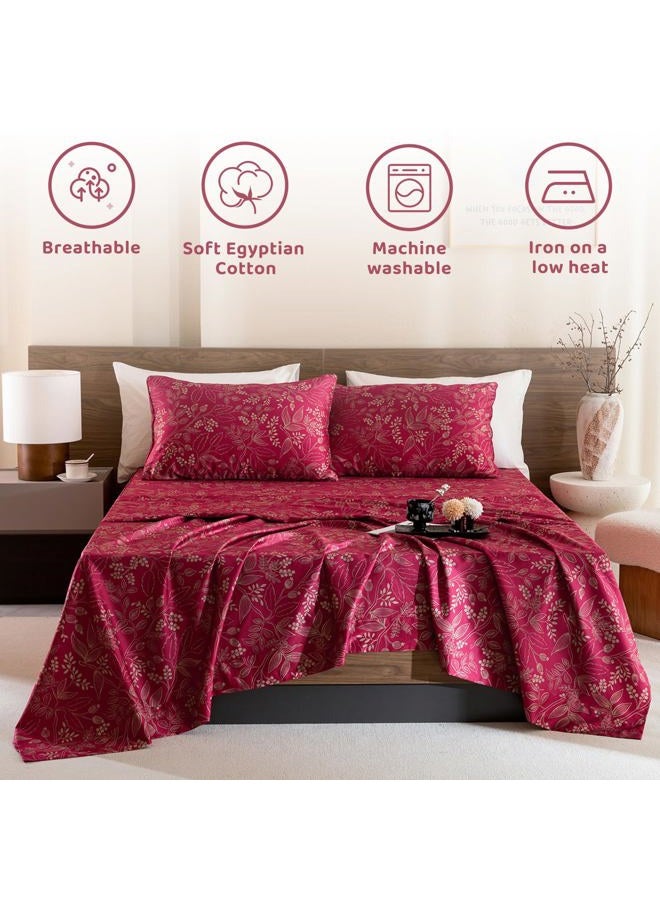 QSH Floral King Size Sheet Sets - 100% Egyptian Cotton Floral Bedding Sheets Red Flower Pattern Botanical Printed Bedding King Size Bed Sheets 17.5" Extra Deep Pocket 4pcs - Image 3