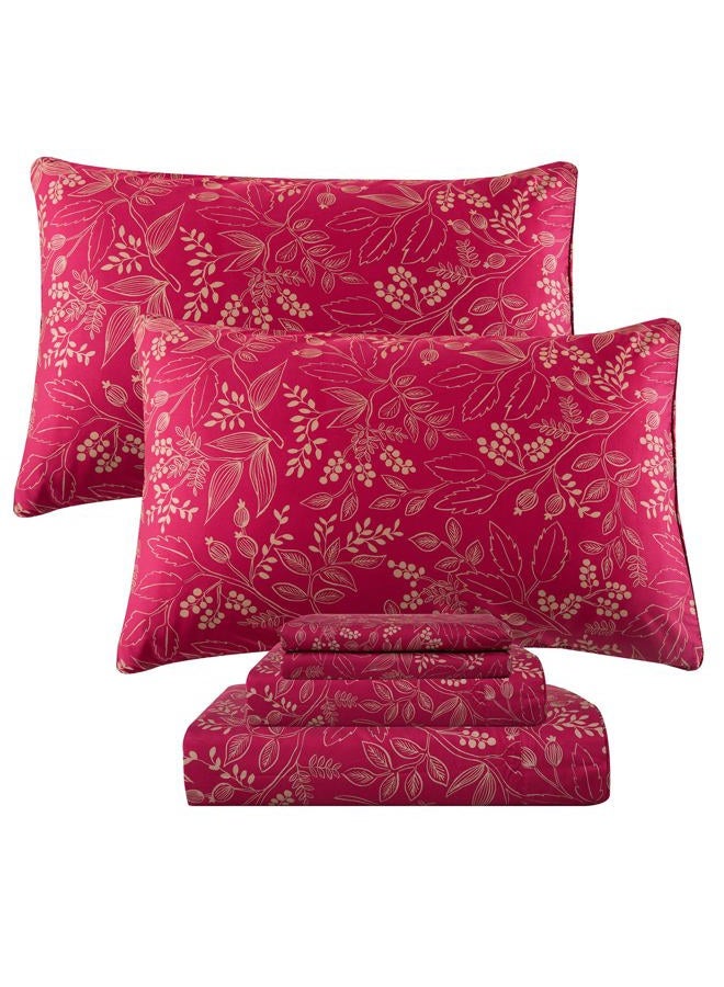 QSH Floral King Size Sheet Sets - 100% Egyptian Cotton Floral Bedding Sheets Red Flower Pattern Botanical Printed Bedding King Size Bed Sheets 17.5" Extra Deep Pocket 4pcs - Image 1