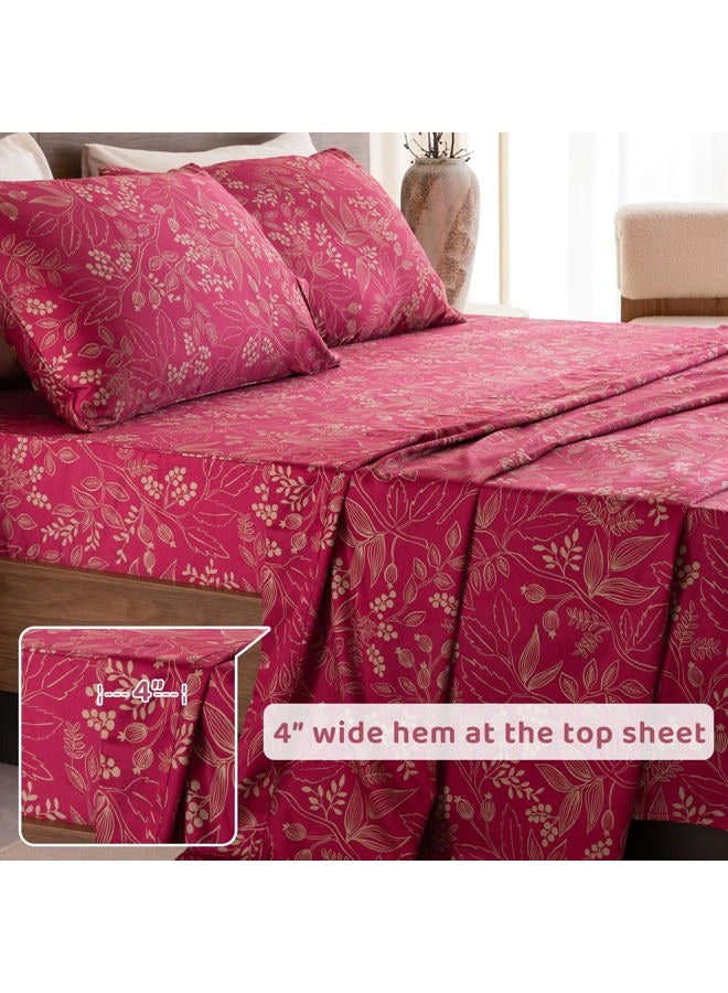 QSH Floral King Size Sheet Sets - 100% Egyptian Cotton Floral Bedding Sheets Red Flower Pattern Botanical Printed Bedding King Size Bed Sheets 17.5" Extra Deep Pocket 4pcs - Image 5