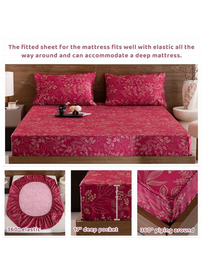 QSH Floral King Size Sheet Sets - 100% Egyptian Cotton Floral Bedding Sheets Red Flower Pattern Botanical Printed Bedding King Size Bed Sheets 17.5" Extra Deep Pocket 4pcs - Image 4