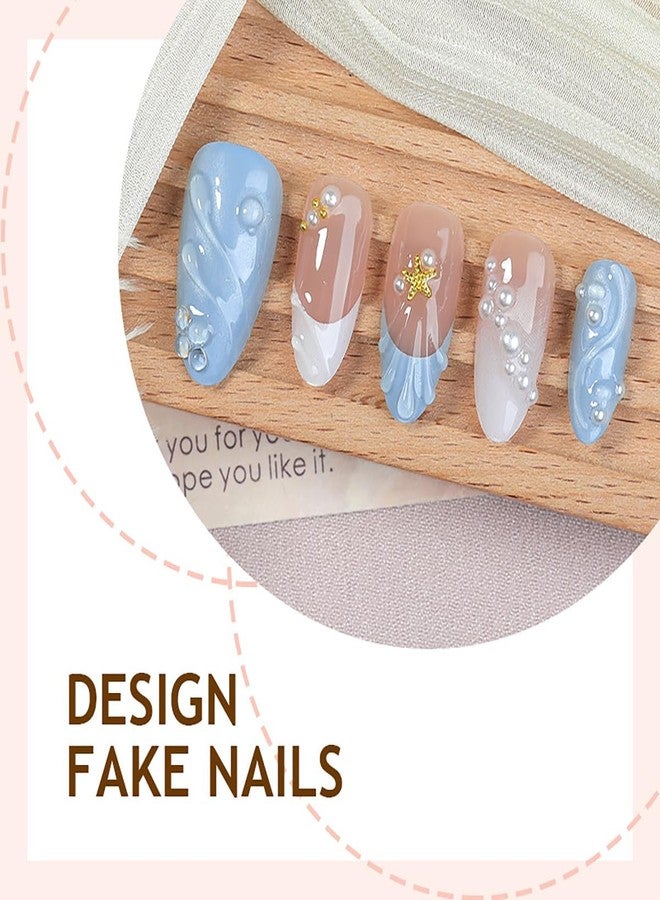 KZBTRBT Handmade Blue Nude Press On Nails Almond Medium Gradient Swirl Fake Nails with Rhinestone 3D Pearl & Starfish Ocean Design, Glossy Reusable Summer Beach Nails Set for Women Daily Party 30pcs - Image 4