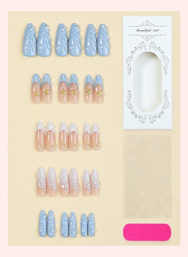 KZBTRBT Handmade Blue Nude Press On Nails Almond Medium Gradient Swirl Fake Nails with Rhinestone 3D Pearl & Starfish Ocean Design, Glossy Reusable Summer Beach Nails Set for Women Daily Party 30pcs - Image 5
