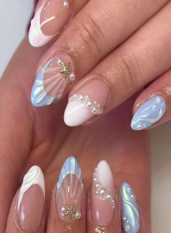 KZBTRBT Handmade Blue Nude Press On Nails Almond Medium Gradient Swirl Fake Nails with Rhinestone 3D Pearl & Starfish Ocean Design, Glossy Reusable Summer Beach Nails Set for Women Daily Party 30pcs - Image 2
