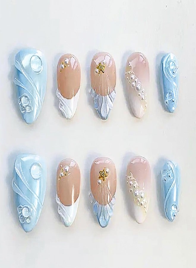 KZBTRBT Handmade Blue Nude Press On Nails Almond Medium Gradient Swirl Fake Nails with Rhinestone 3D Pearl & Starfish Ocean Design, Glossy Reusable Summer Beach Nails Set for Women Daily Party 30pcs - Image 1