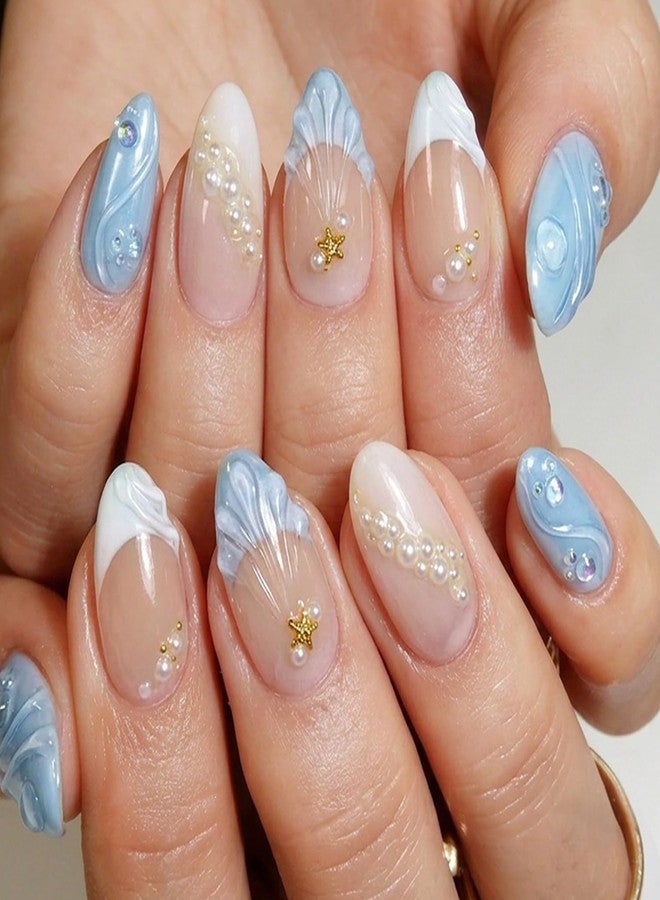KZBTRBT Handmade Blue Nude Press On Nails Almond Medium Gradient Swirl Fake Nails with Rhinestone 3D Pearl & Starfish Ocean Design, Glossy Reusable Summer Beach Nails Set for Women Daily Party 30pcs - Image 3