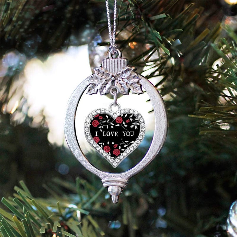 Inspired Silver - Rose Pattern - I Love You - Silver Christmas Ornament - Open Heart Charm Christmas Tree Ornament with Cubic Zirconia - Holiday Hanging Decoration - Image 2