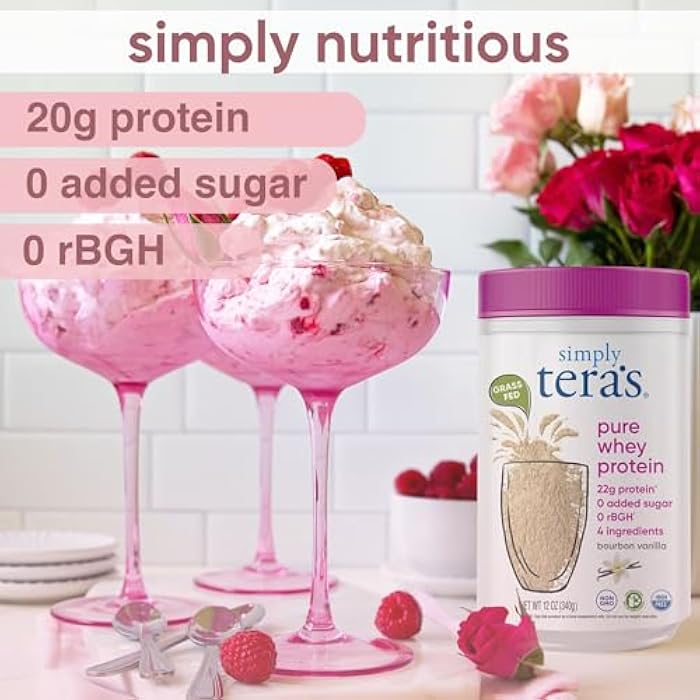 Simply Tera's مسحوق بروتين مصل اللبن النقي من سيمبلي تيرا - مسحوق بروتين مصل اللبن بنكهة الفانيليا من الأبقار التي تتغذى على العشب، نظيف، مصنوع بدون محليات صناعية، غير معدّل وراثيًا، كوشير، خالي من rBGH، خالي من الصويا - 12 أونصة - Image 3