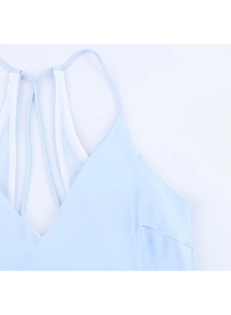 Light Blue Halter Neck Backless Pleated Maxi Dress - Image 5
