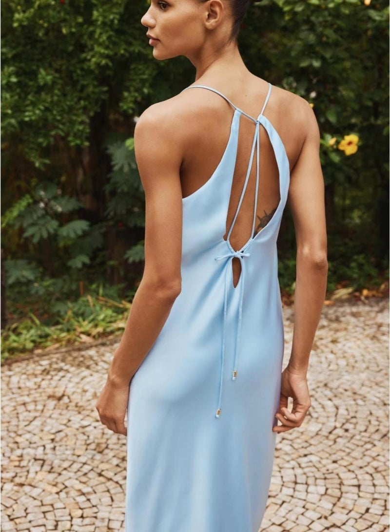 Light Blue Halter Neck Backless Pleated Maxi Dress - Image 1