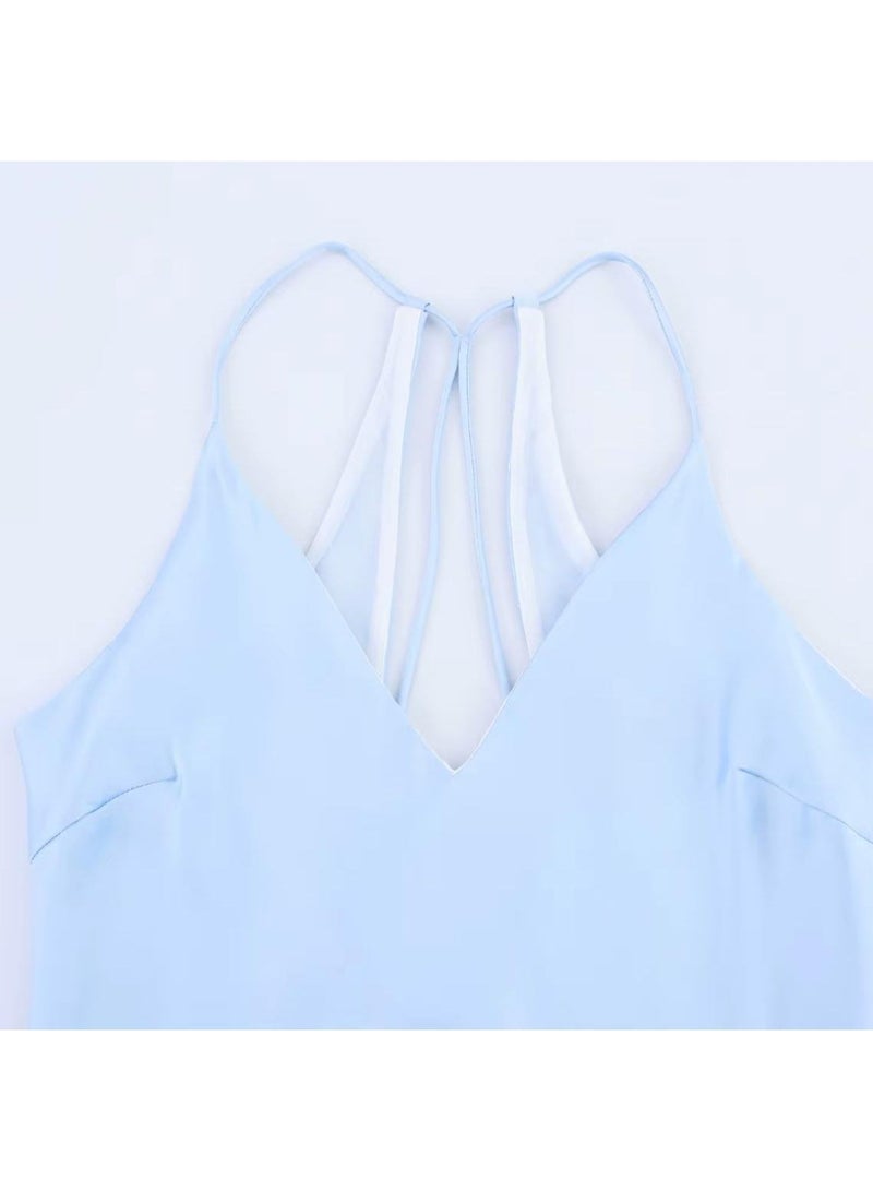 Light Blue Halter Neck Backless Pleated Maxi Dress - Image 4
