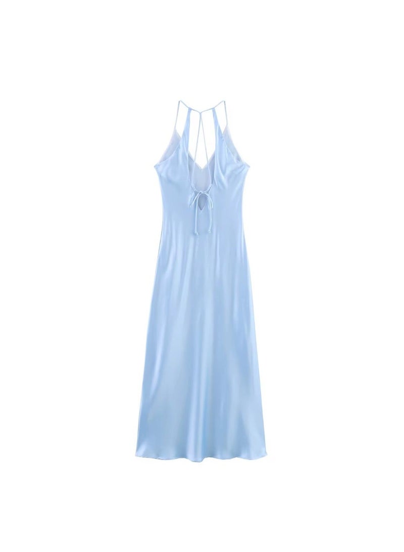Light Blue Halter Neck Backless Pleated Maxi Dress - Image 3